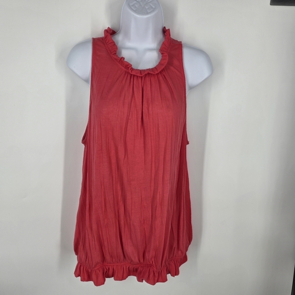 Dots Women's Large L Coral Pink Ruffled Neck Bubble Hem Sleeveless Boho Top